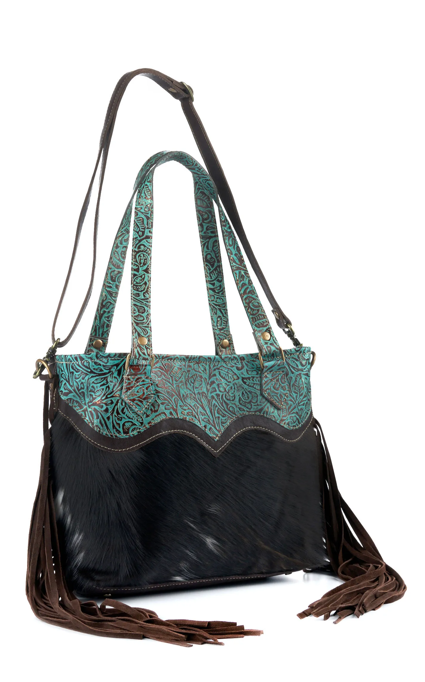 Myra Bag Turquoise Zapata Floral Tooled Leather Mahogany Hair On Hide Fringe Bag