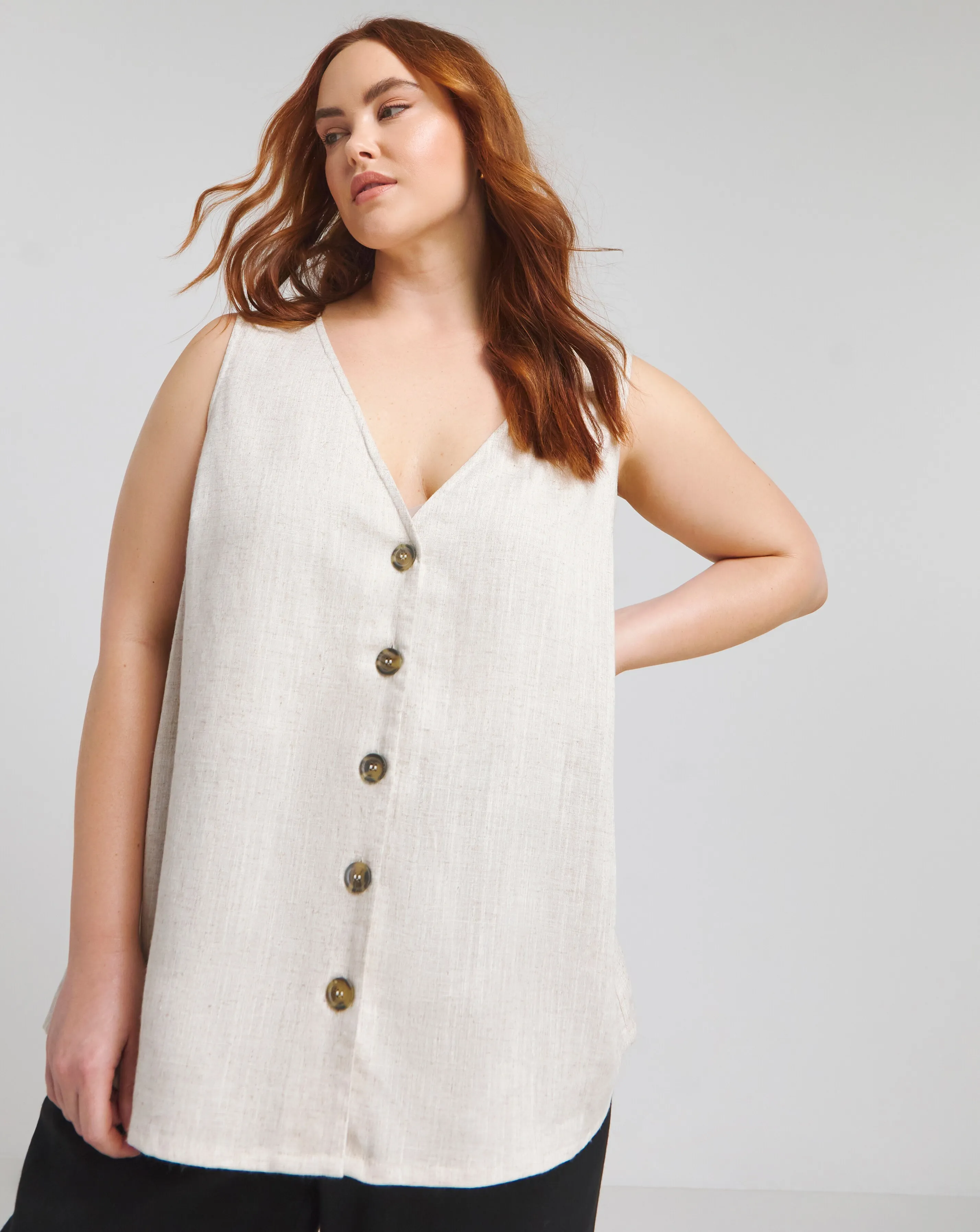 Natural Linen Button Through Vest | Simply Be