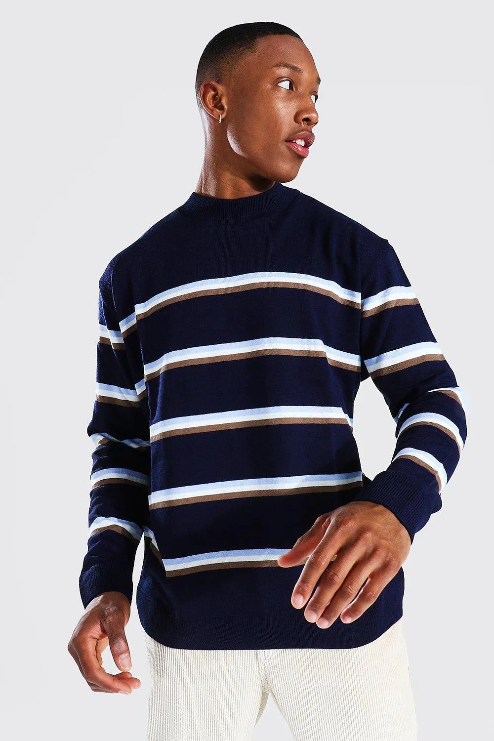 Oversized Extended Neck Duo Stripe Jumper | boohooMAN UK