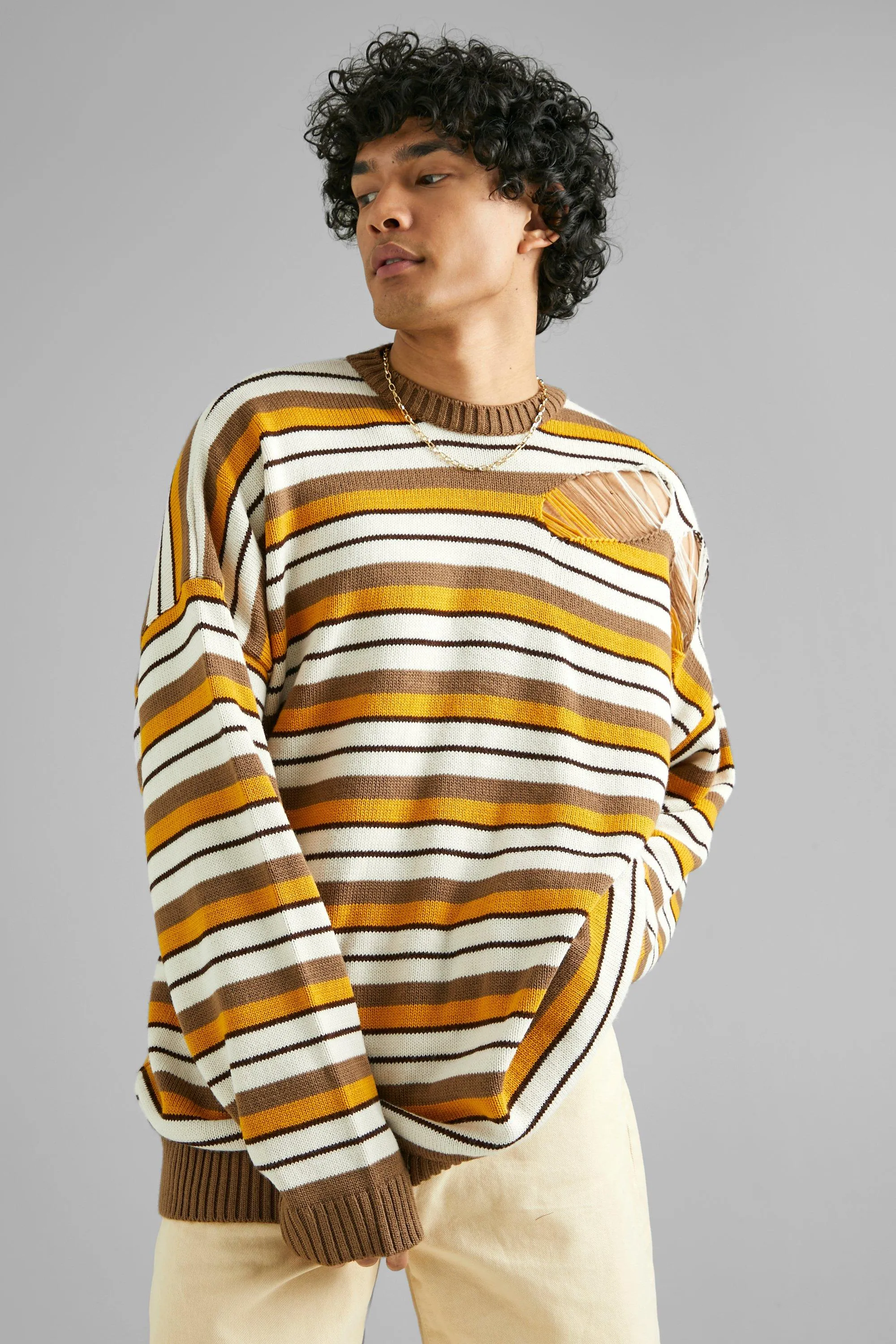 Oversized Striped Distressed Knitted Jumper