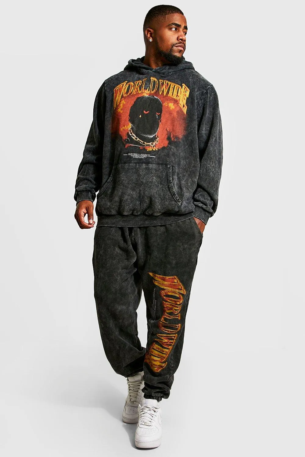 Plus Acid Wash Graphic Hooded Tracksuit | boohooMAN UK