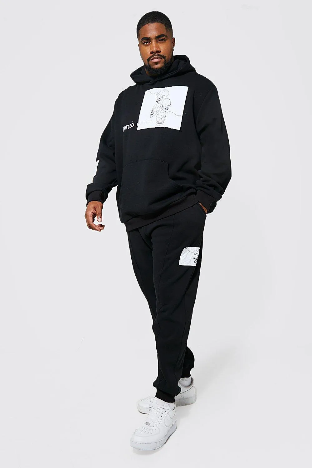 Plus Skeleton Line Drawing Patch Tracksuit | boohooMAN UK