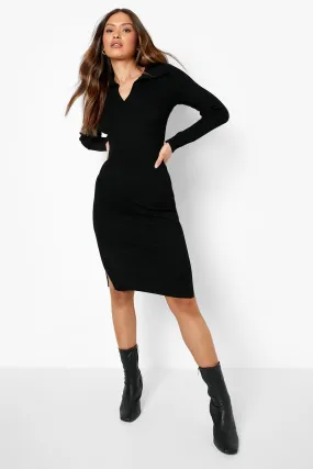 Polo Collar Rib Knit Midaxi Dress