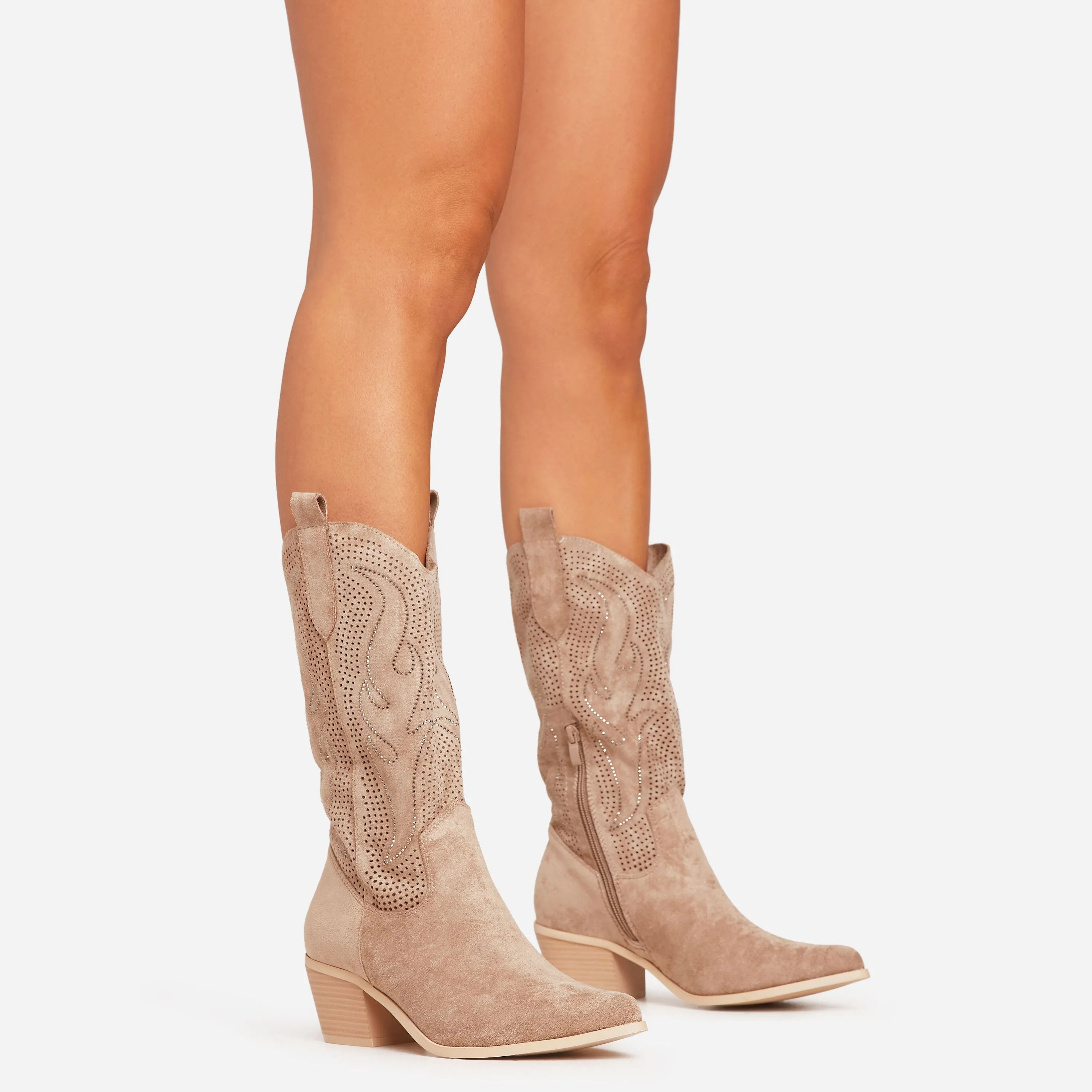 Racing Diamante Embroidered Detail Pointed Toe Mid Calf Western Cowboy Boot In Taupe Faux Suede