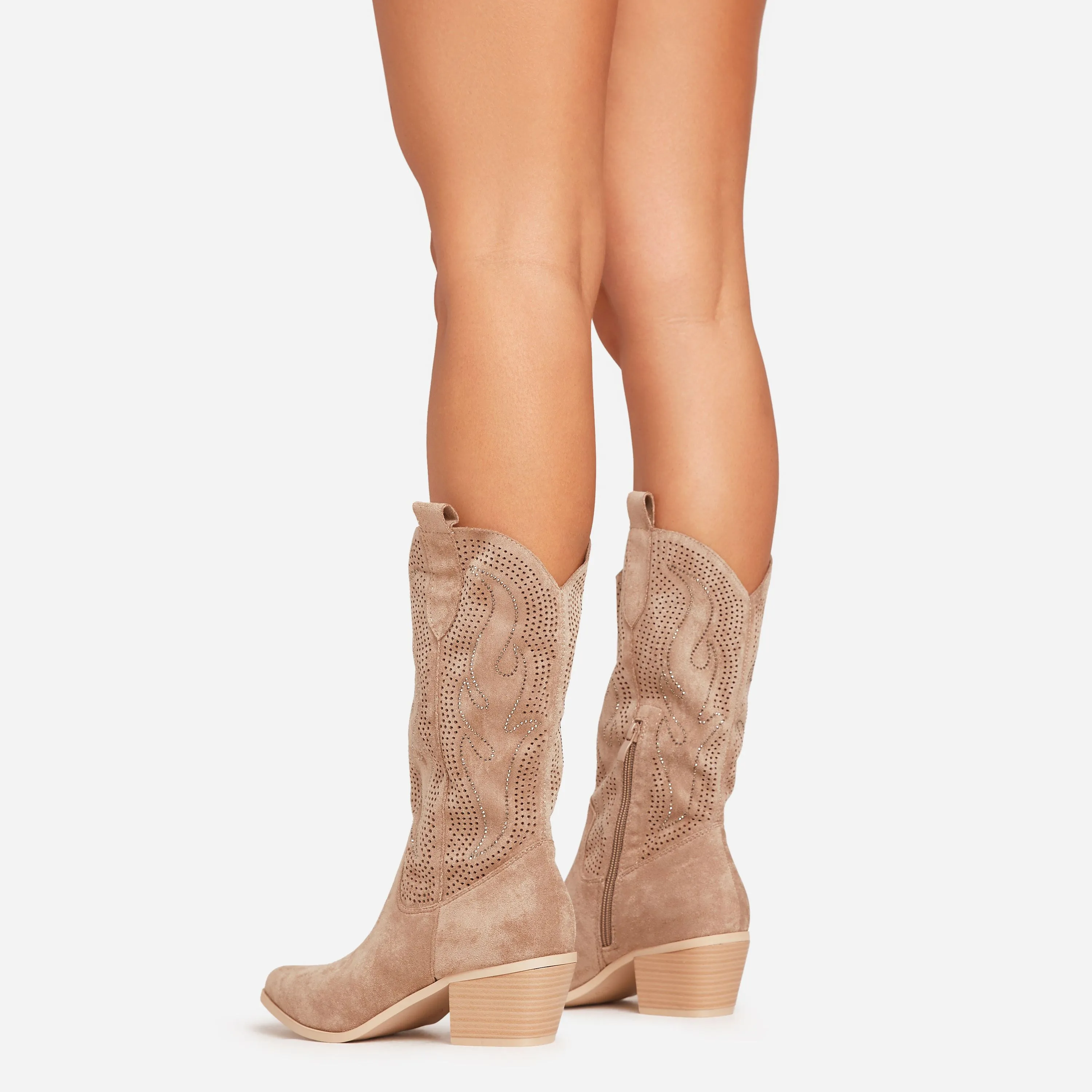 Racing Diamante Embroidered Detail Pointed Toe Mid Calf Western Cowboy Boot In Taupe Faux Suede