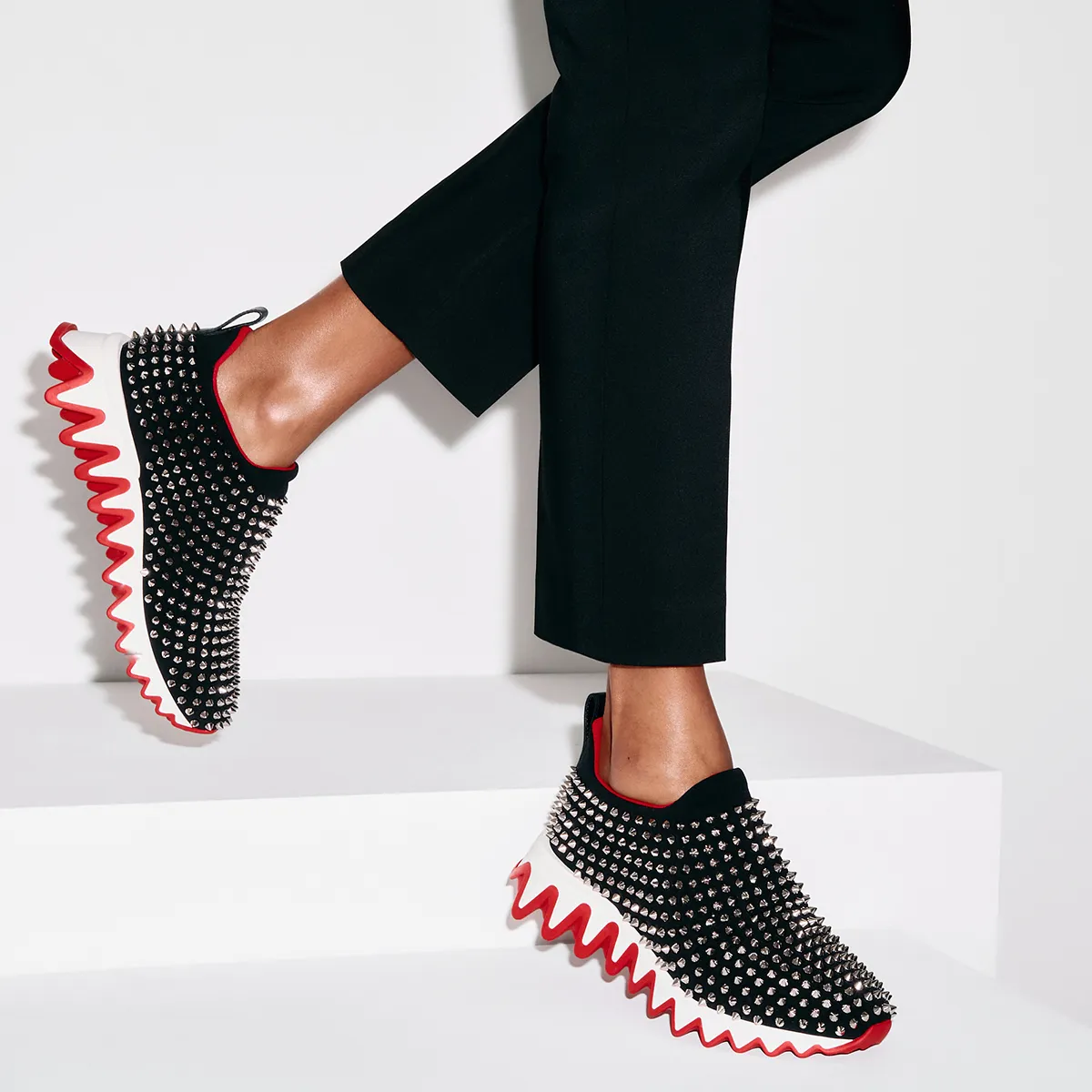 Shark Sock Spikes Running Sneakers - Neoprene and calf leather - Black - Women