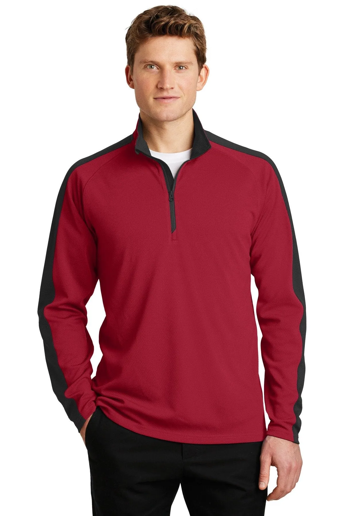 Sport-Tek Sport-Wick Textured Colorblock 1/4-Zip Pullover ST861 Deep Red/ Black