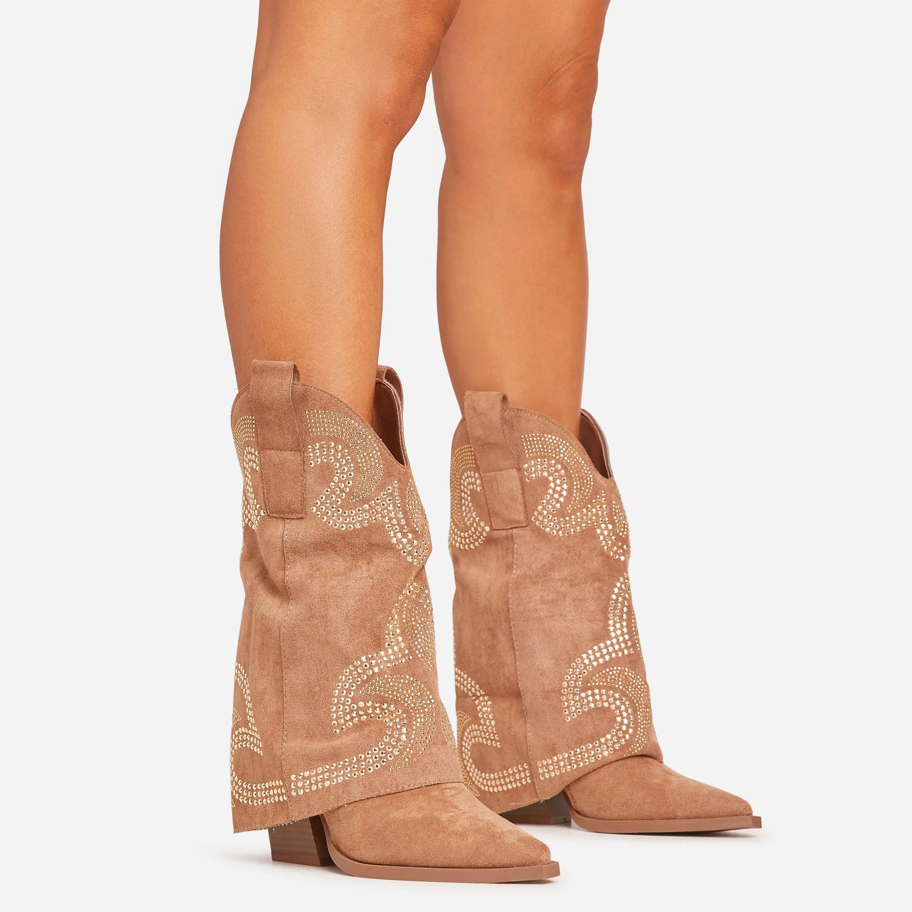 Storm Embroidered Flared Detail Pointed Toe Western Cowboy Boot In Tan Brown Faux Suede