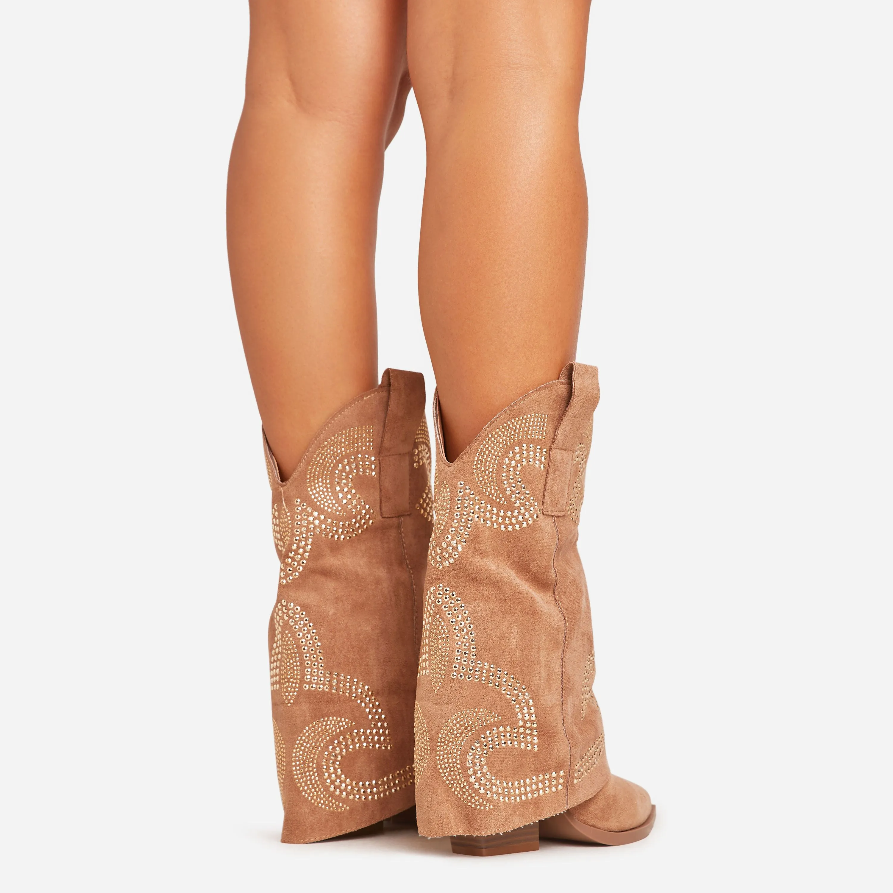 Storm Embroidered Flared Detail Pointed Toe Western Cowboy Boot In Tan Brown Faux Suede