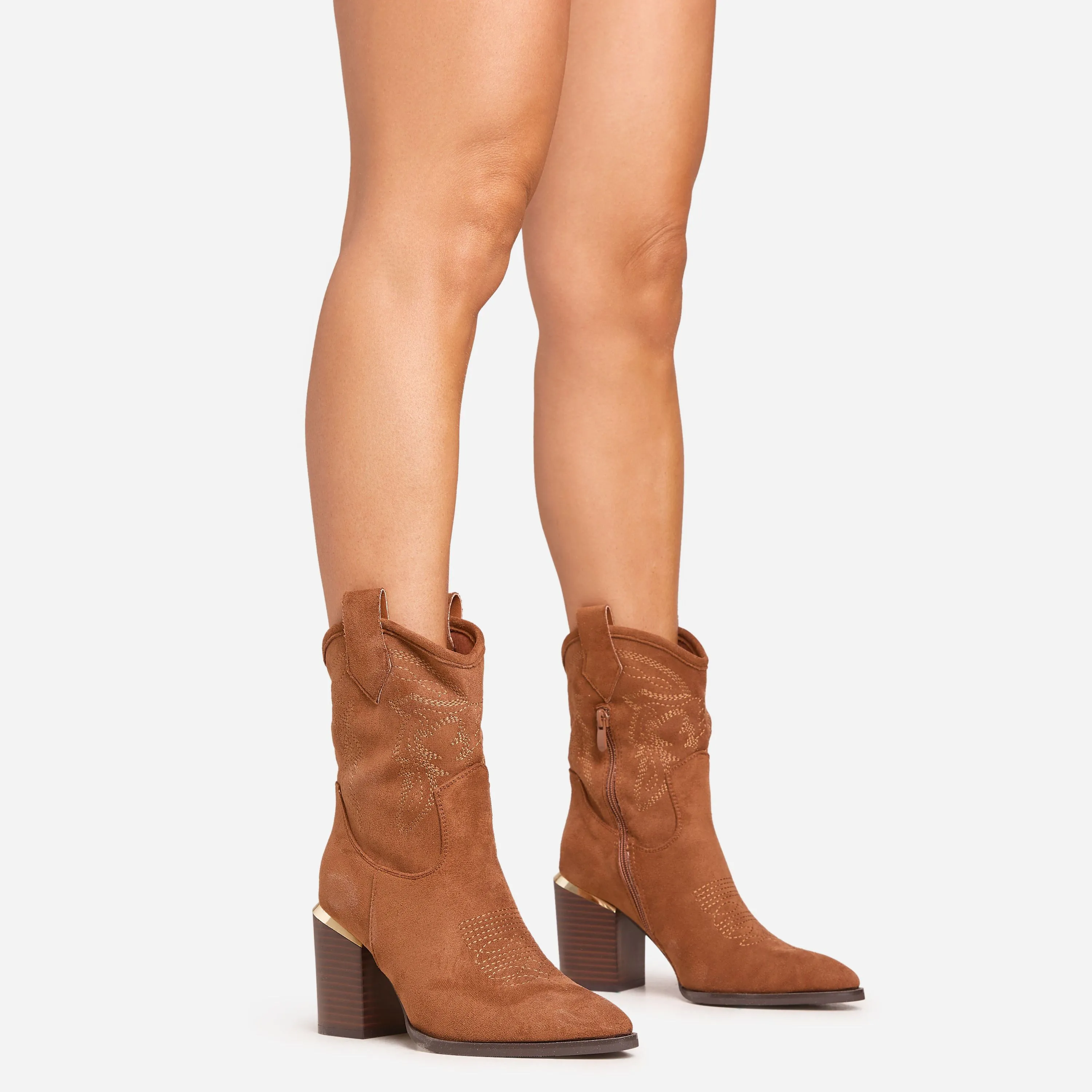 Toffee Embroidered Detail Pointed Toe Mid Calf Western Cowboy Boot In Tan Brown Faux Suede