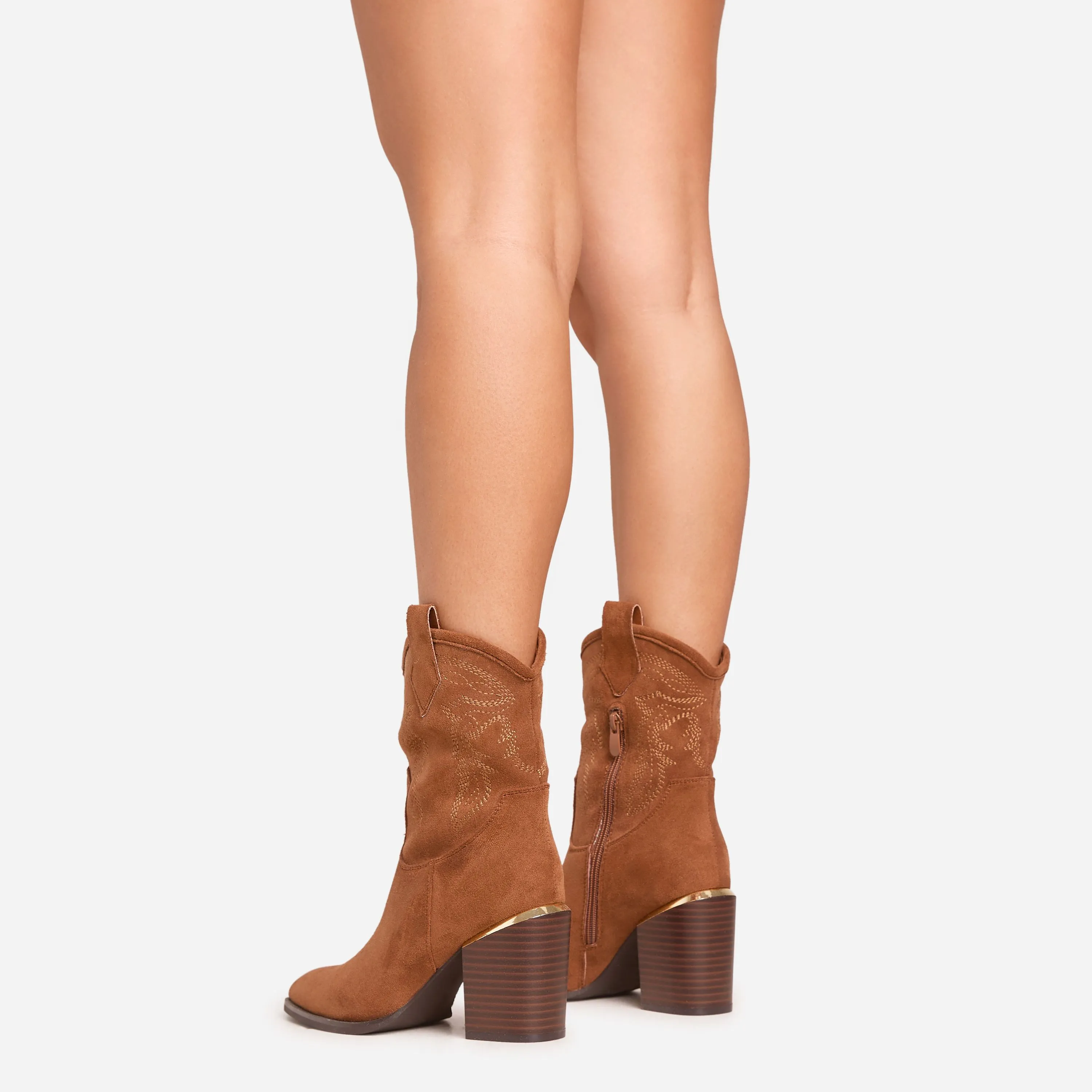 Toffee Embroidered Detail Pointed Toe Mid Calf Western Cowboy Boot In Tan Brown Faux Suede