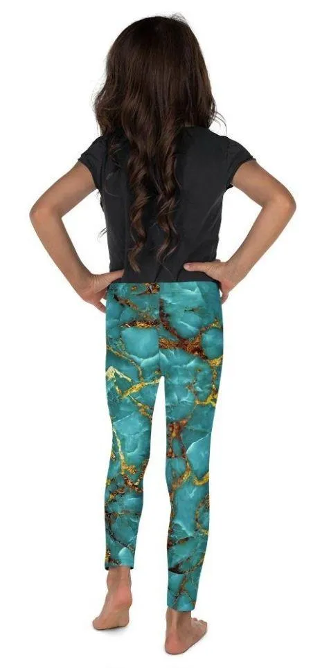 Turquoise & Gold Marble Kid's Leggings