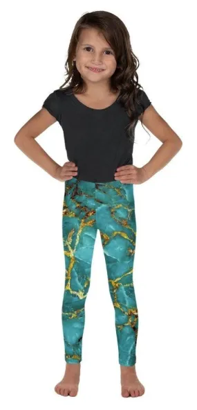 Turquoise & Gold Marble Kid's Leggings