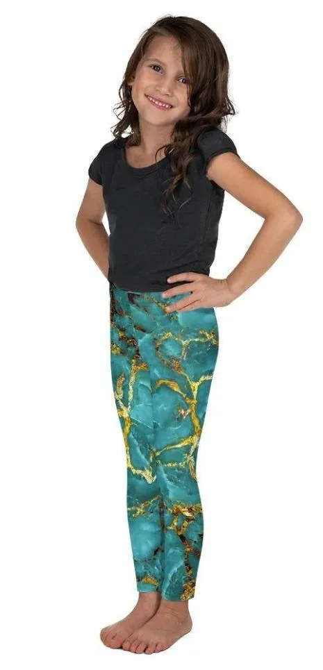 Turquoise & Gold Marble Kid's Leggings