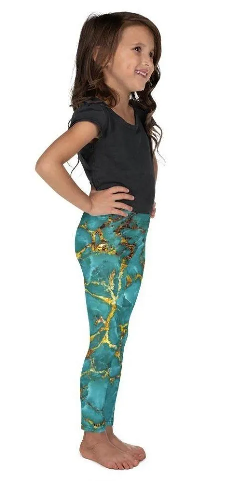 Turquoise & Gold Marble Kid's Leggings