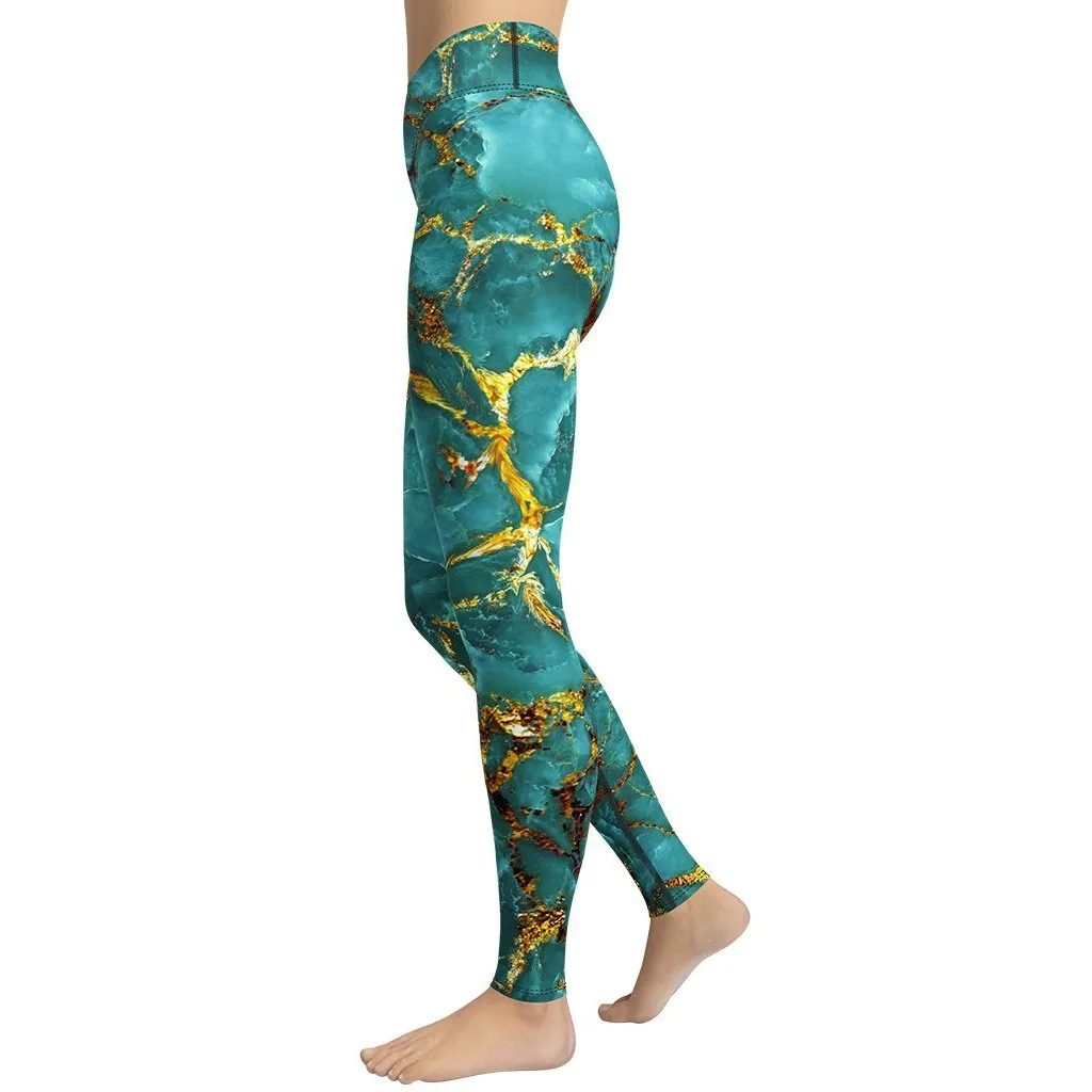 Turquoise & Gold Marble Yoga Leggings