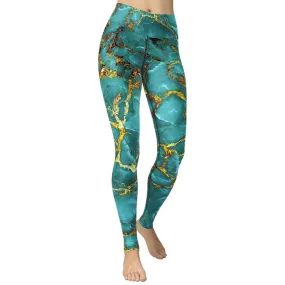 Turquoise & Gold Marble Yoga Leggings