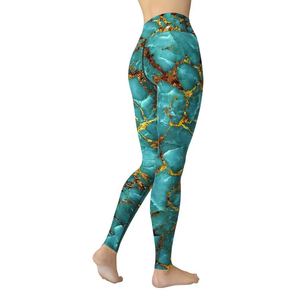 Turquoise & Gold Marble Yoga Leggings