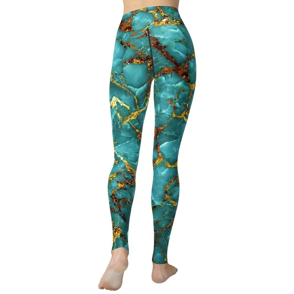 Turquoise & Gold Marble Yoga Leggings