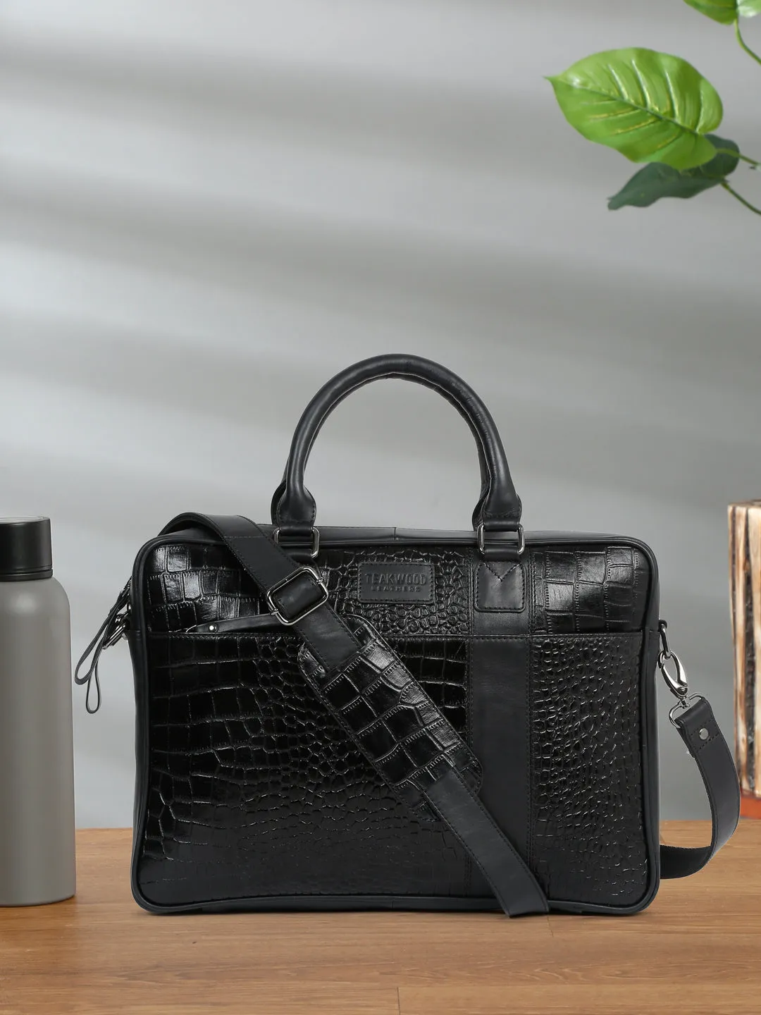 Unisex Black Croco Texture Leather Bag