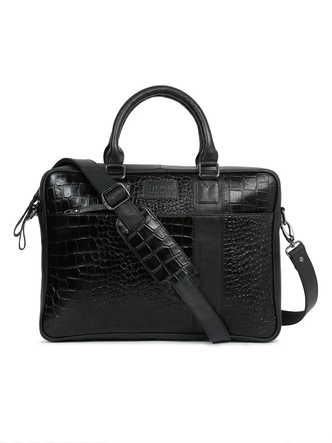 Unisex Black Croco Texture Leather Bag