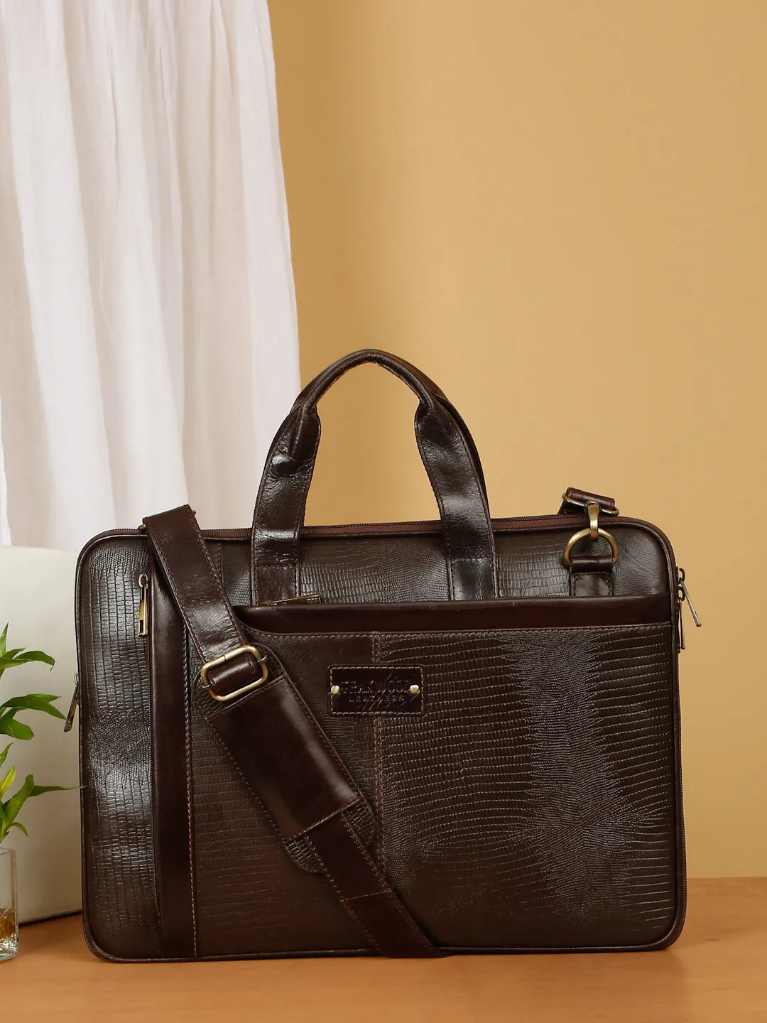 Unisex Brown Lizard Leather Structured laptop Bag