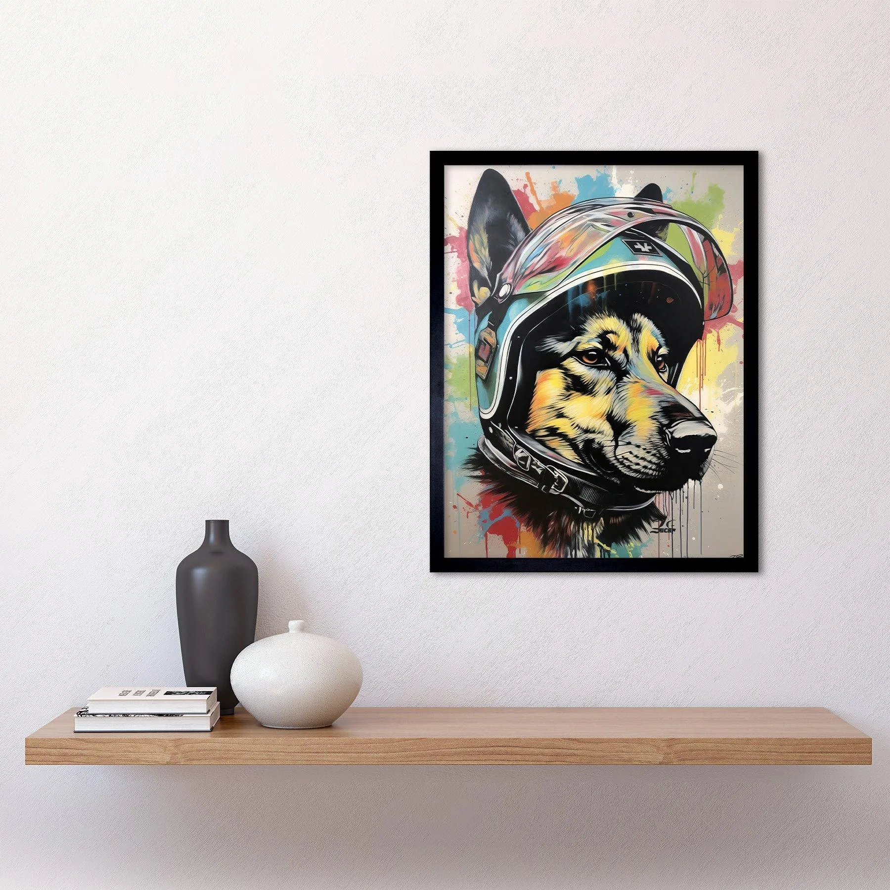 Wall Art & Pictures | Wall Art Print German Shepherd Dog Wearing Motorcycle Helmet Art Framed | Artery8