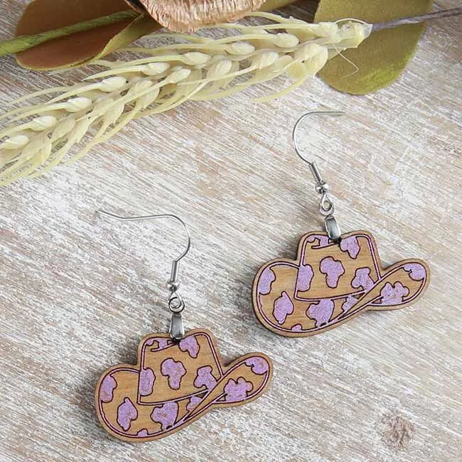 Willow & Birch Earrings - Cowprint Hat - Purple