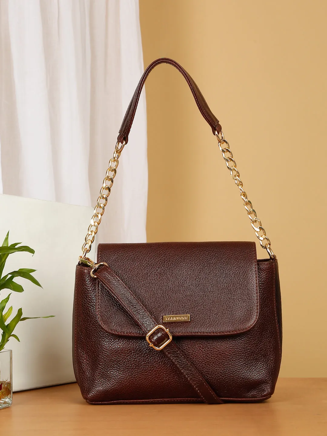 Women Brown Texture Leather Sling bag