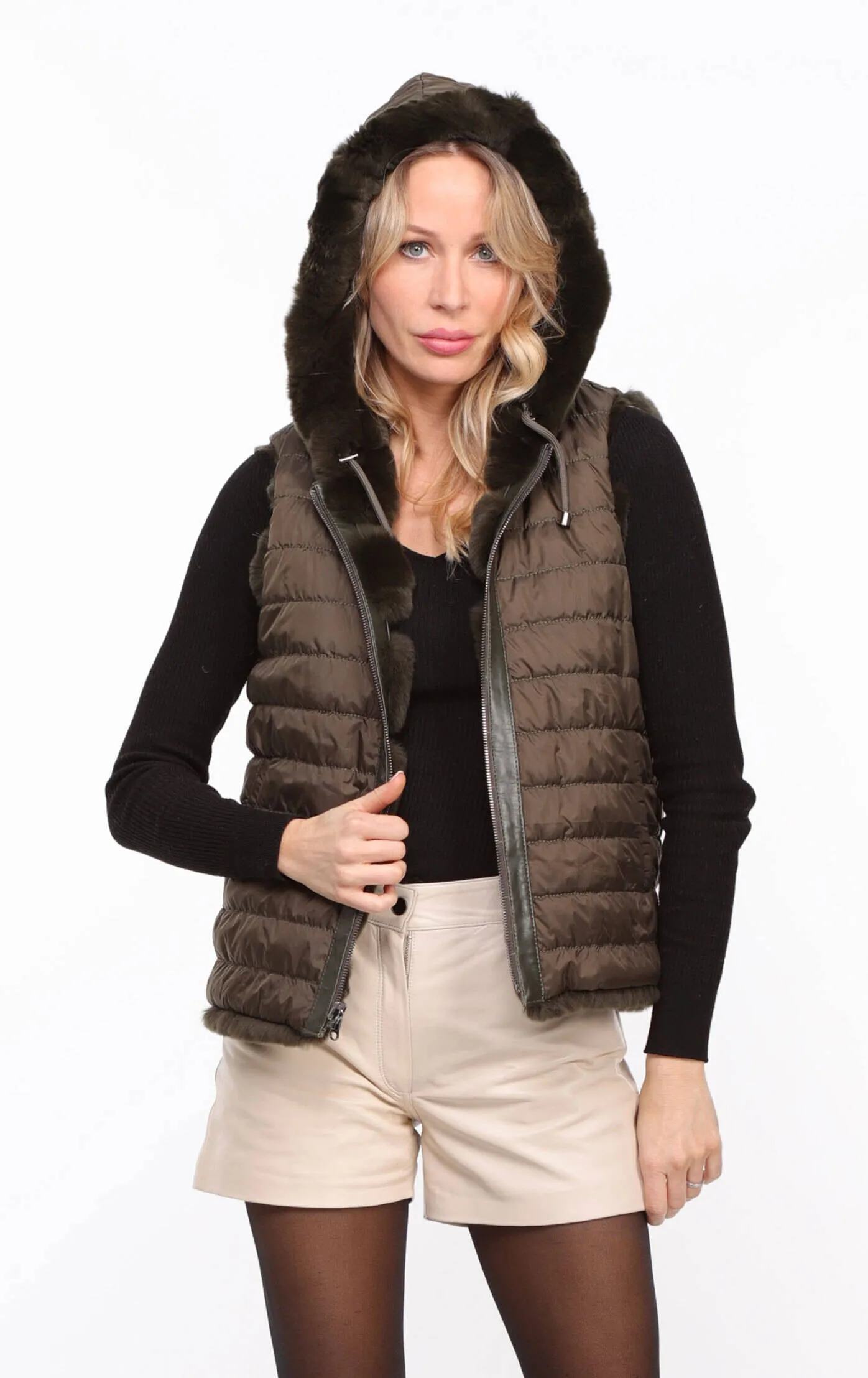 Women's khaki \rexe\ reversible hooded rabbit vest