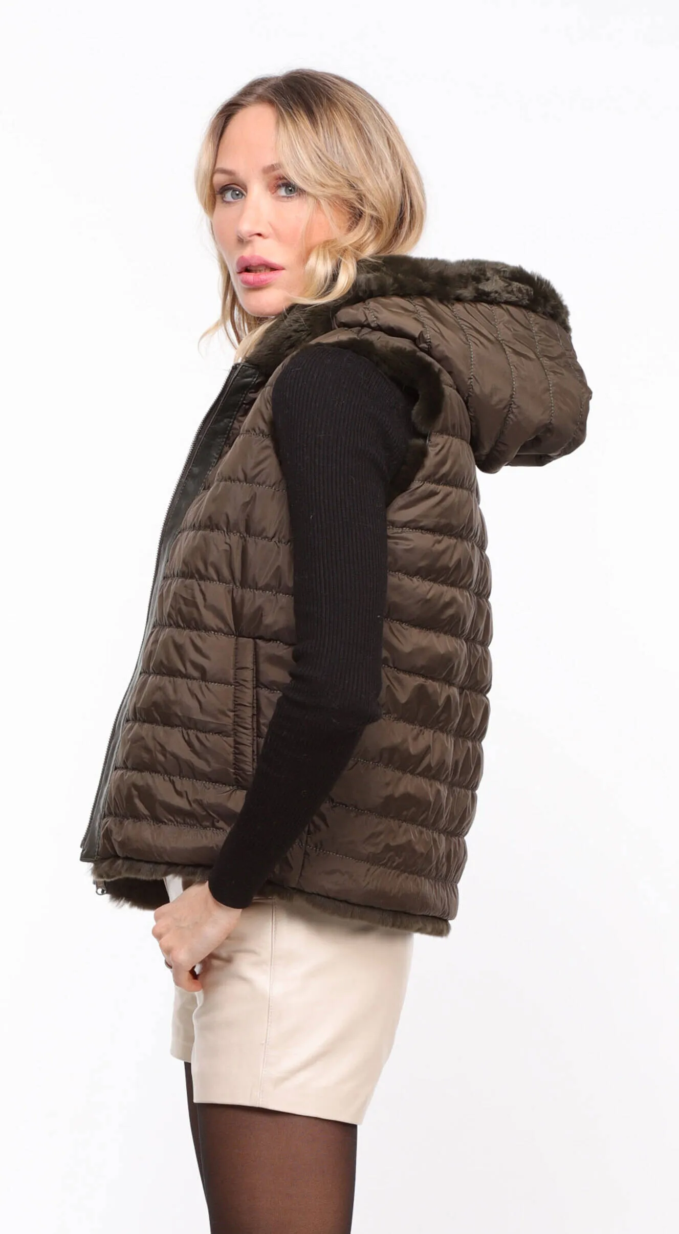 Women's khaki \rexe\ reversible hooded rabbit vest