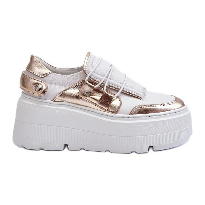 Zazoo 1833 Women's Leather Sneakers on a Massive Sole, White and Gold