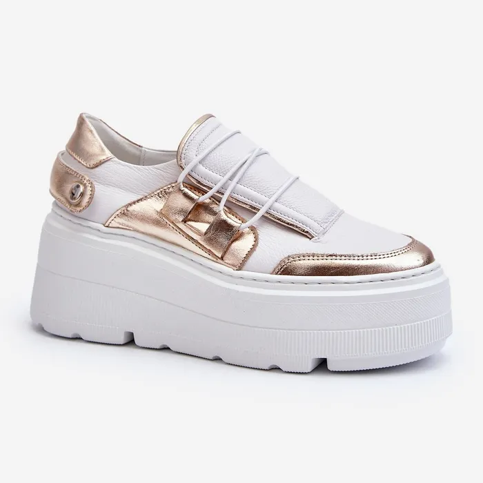 Zazoo 1833 Women's Leather Sneakers on a Massive Sole, White and Gold