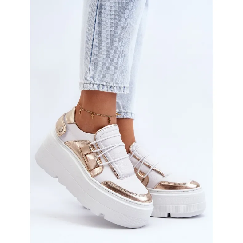 Zazoo 1833 Women's Leather Sneakers on a Massive Sole, White and Gold