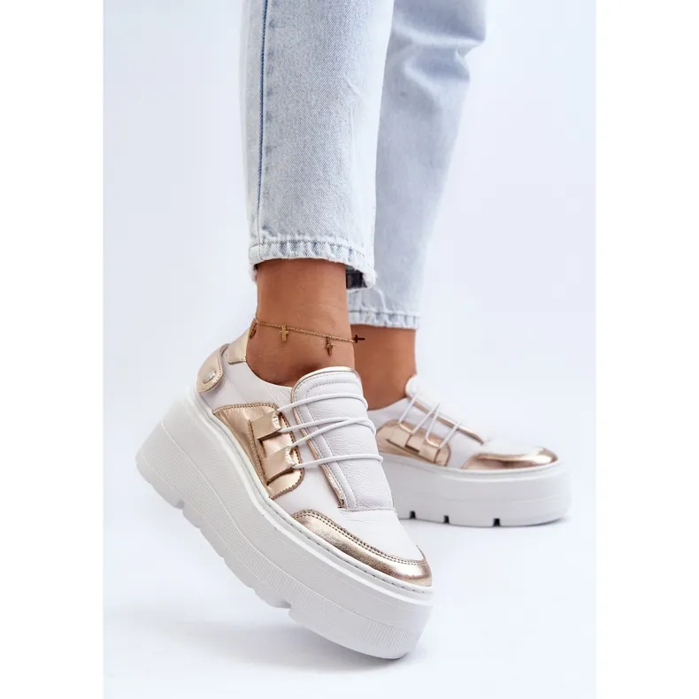 Zazoo 1833 Women's Leather Sneakers on a Massive Sole, White and Gold