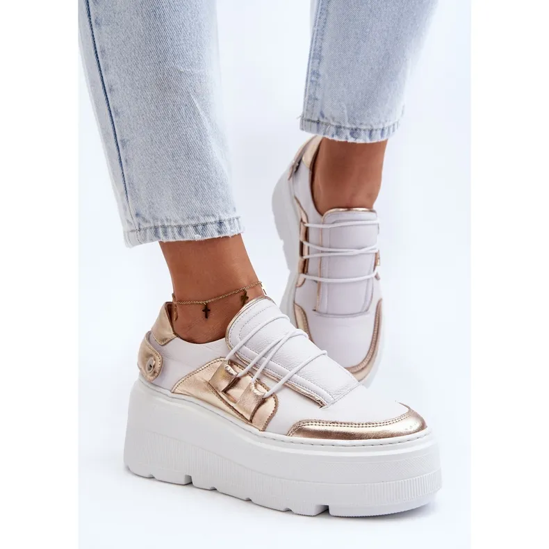 Zazoo 1833 Women's Leather Sneakers on a Massive Sole, White and Gold