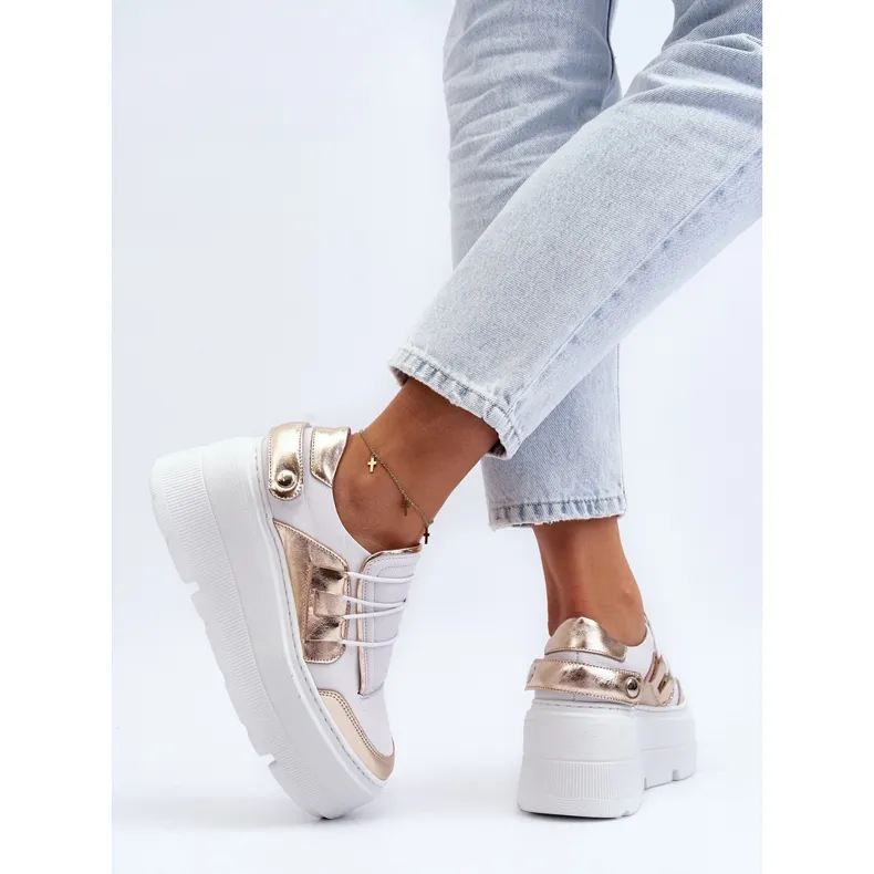 Zazoo 1833 Women's Leather Sneakers on a Massive Sole, White and Gold