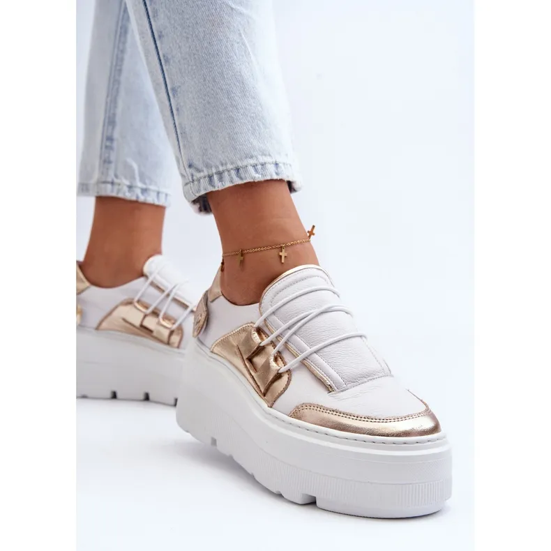 Zazoo 1833 Women's Leather Sneakers on a Massive Sole, White and Gold