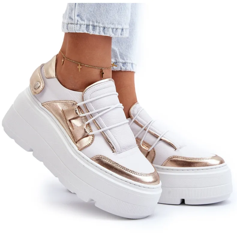 Zazoo 1833 Women's Leather Sneakers on a Massive Sole, White and Gold